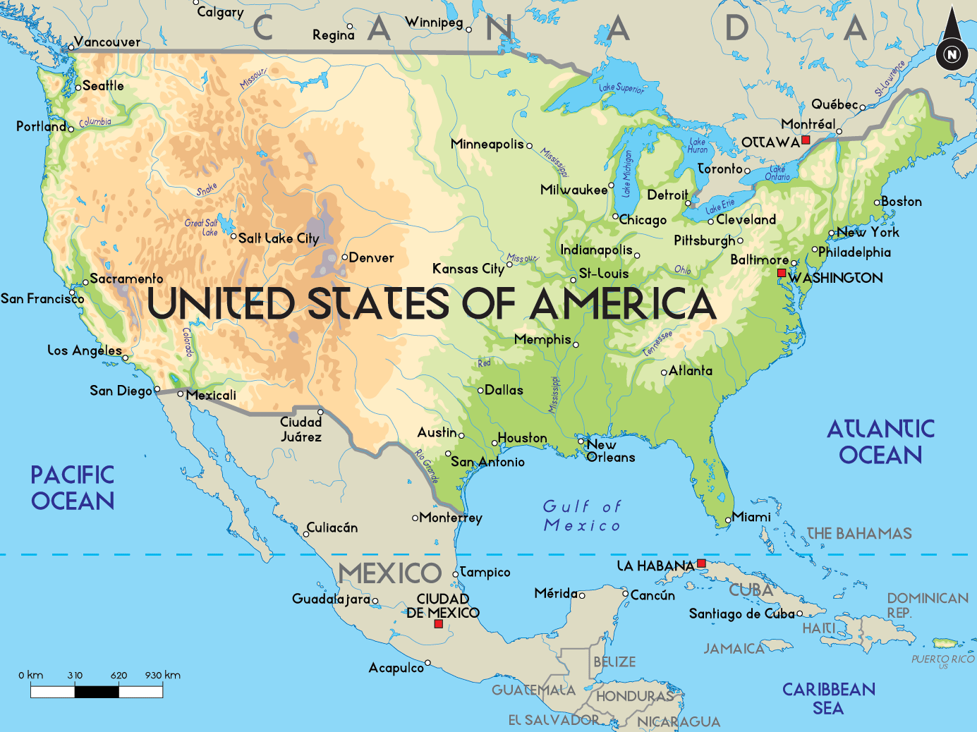 Physical Map Of Canada And Usa