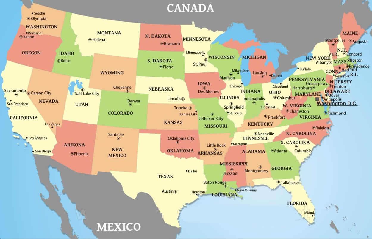 usa map with states and capitals