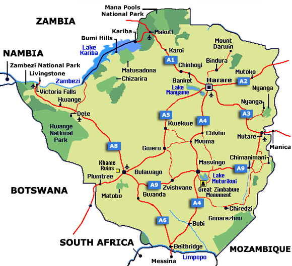 Road Map Of Zimbabwe With Distances Zimbabwe Map